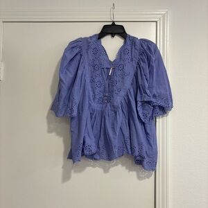 Free People Blue Puff Sleeve Ruffled Blouse